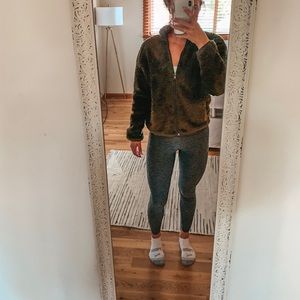 F21 olive green sherpa zip up